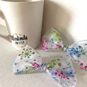 Set of Two Sparkly Pink Blue and Green Bow Clips